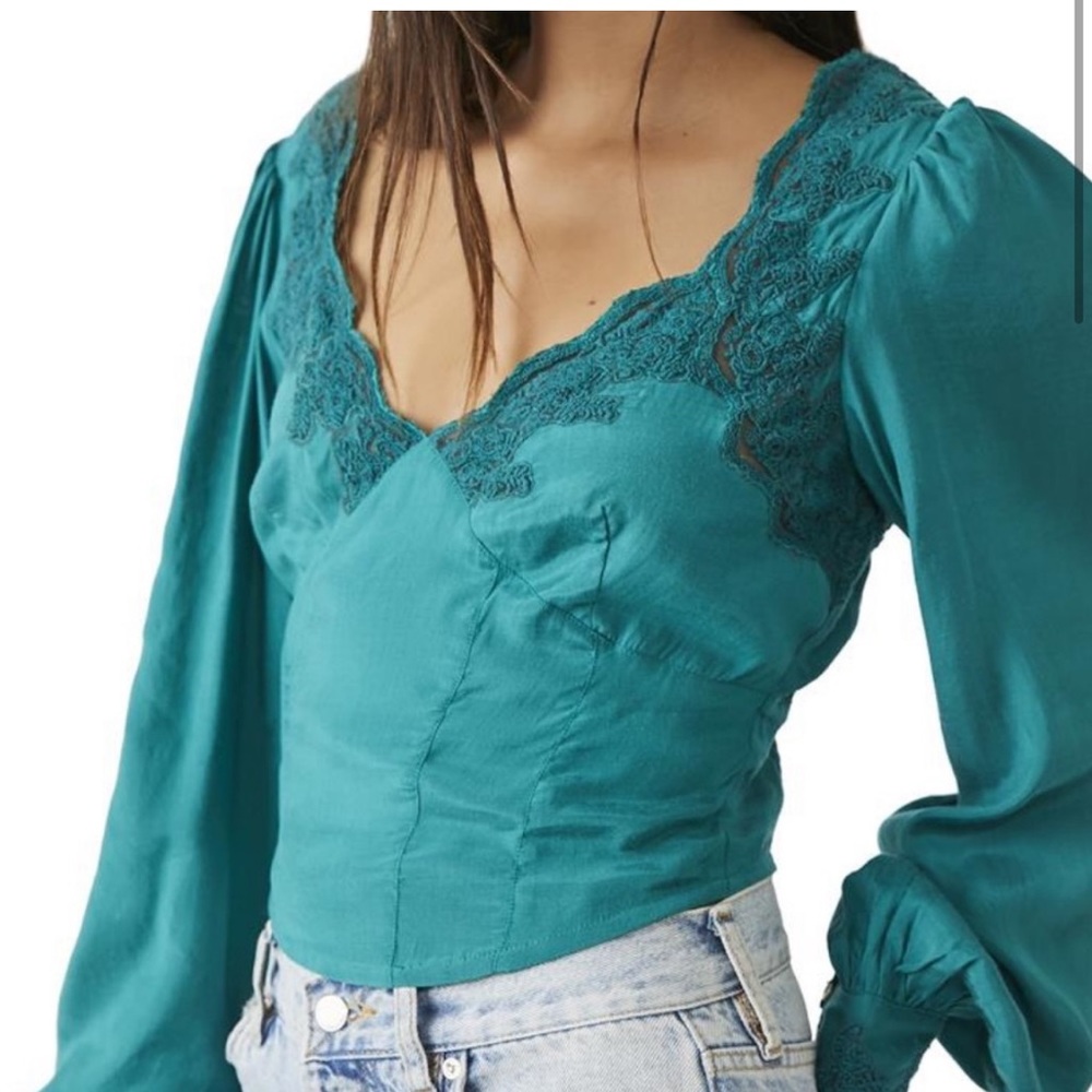 Free People Janelle Lace Top Jade Green Corset blouse. Size medium.